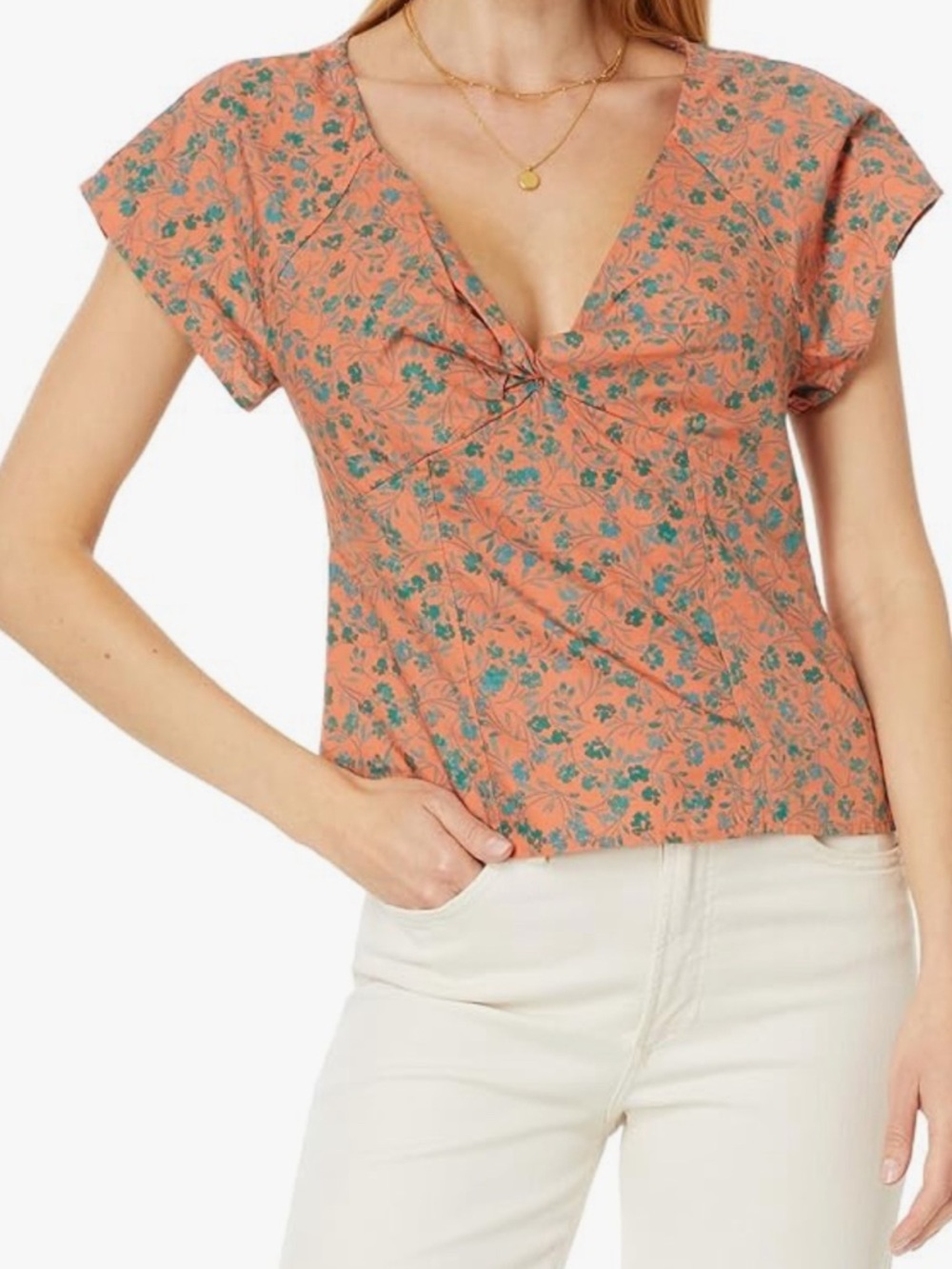 NWOT Madewell Coral Floral Twist-Front V-Neck Blouse